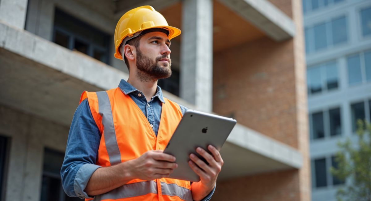 Aannemer met tablet op bouwplaats