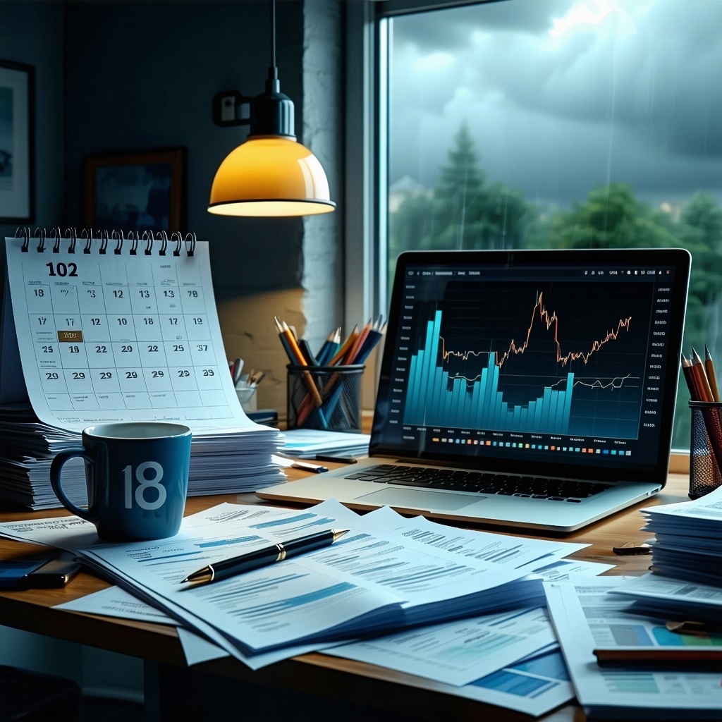 The image depicts a concerned business owner sitting at a cluttered desk surrounded by stacks of unpaid invoices and a laptop displaying financial graphs with downward trends The room is dimly lit emphasizing the tension of the situation A calendar o-1