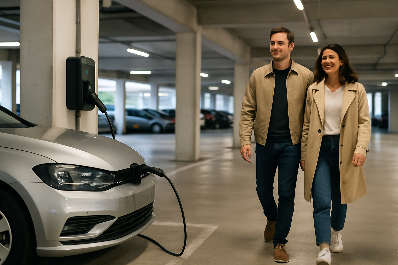 make a realistic photo like image of a car charging in a garage and a man and woman walking away from it The garage is indoors and it is daytime It is-1